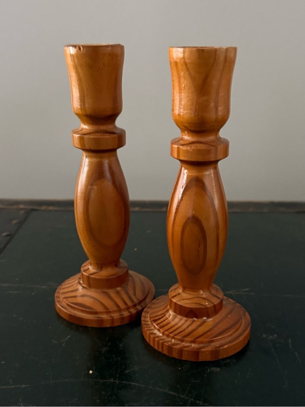 Vintage MCM Turned Mixed Wood Wooden Candle Holder Set Of 2 Candlesticks
